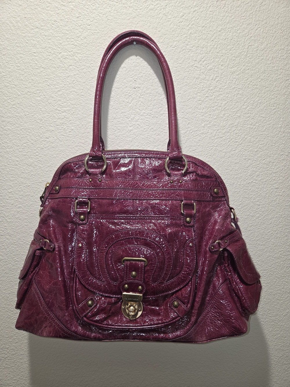 Glossy Raspberry Patent Shoulder Bag with Gold Hardware